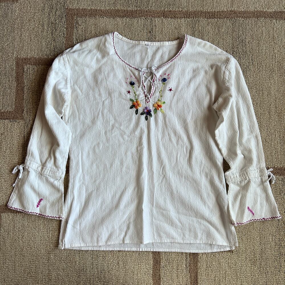 Handmade Embroidered Floral Peasant Top Cotton Bell Sleeve Cottagecore Womens M